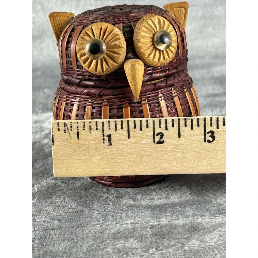 Vintage Owl bird Wicker Rattan Lidded woven figural Basket Box 4
